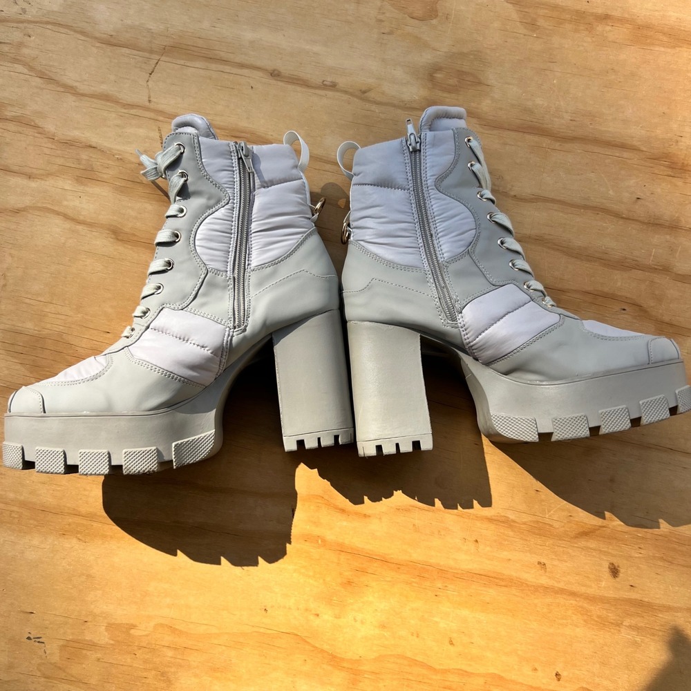 Grey Puffer Platform Ankle Boots Chunky Block Heel Lug Sole Lace Up Side Zip 7.5 - Picture 4 of 10